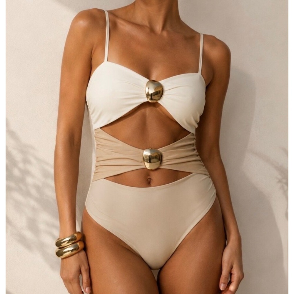 JLUXLABEL Cream Tan Colorblock Cut Out Reversible Bodysuit Gold Hardware Small